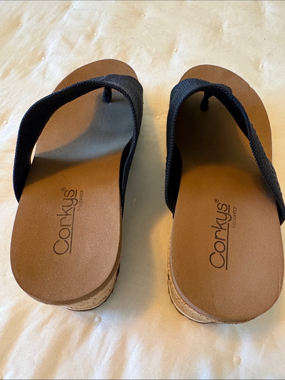 Corkys Navy Fabric Wedge Slide Sandals - Picture 6 of 7